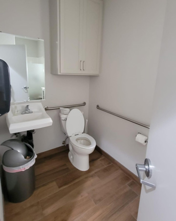 Bathroom with handles/railings by toilet